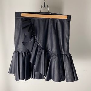 Navy leather ruffle wrap-look mini skirt